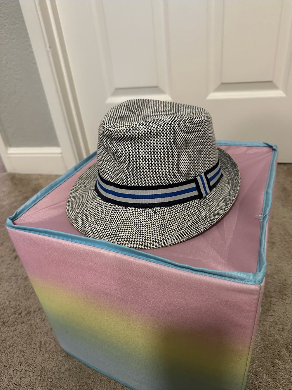 Koala Kids Blue & White Straw Trilby with Blue Striped Band